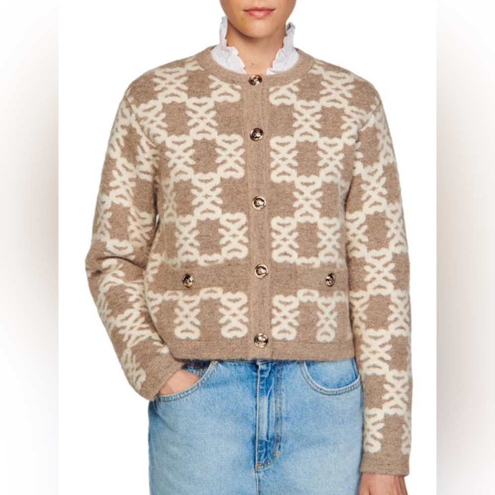 Beige and White Patterned Sandro Cardigan